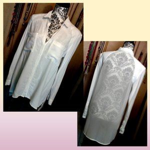 Silence+Noise Sheer Back White Button Down Blouse Med